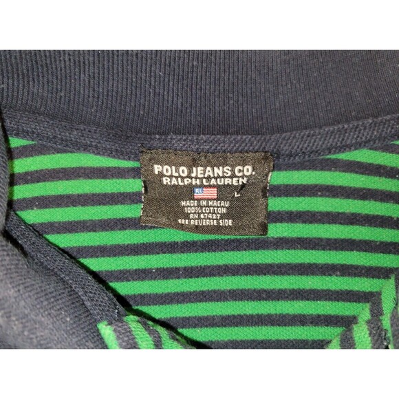 Vintage Polo Jeans Co. Ralph Lauren Green Navy Stripe Large Polo Shirt - Picture 3 of 3